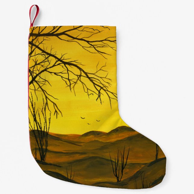 Calcetín Navideño Pequeño Pintura de Gouache: cielo amarillo, marrón. (Anverso)