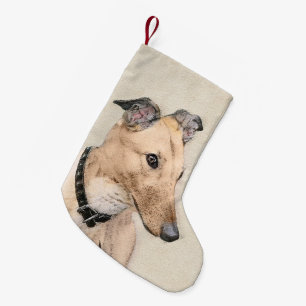 Calcetín Navideño Pequeño Pintura de Greyhound - Arte de perro original cura