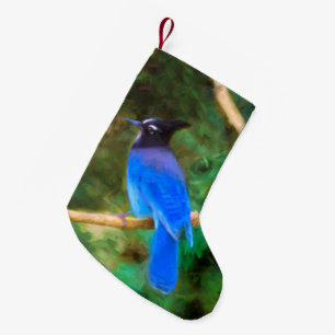 Calcetín Navideño Pequeño Pintura de Jay de Steller - Arte de pájaro origina