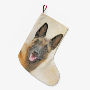 Calcetín Navideño Pequeño Pintura de Malinois Belga - Arte de Perro Original