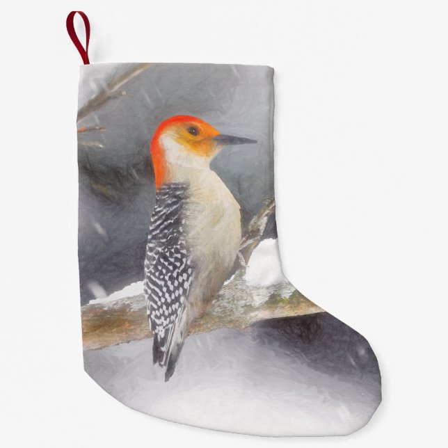 Calcetín Navideño Pequeño Pintura de pájaro de madera roja (Anverso)