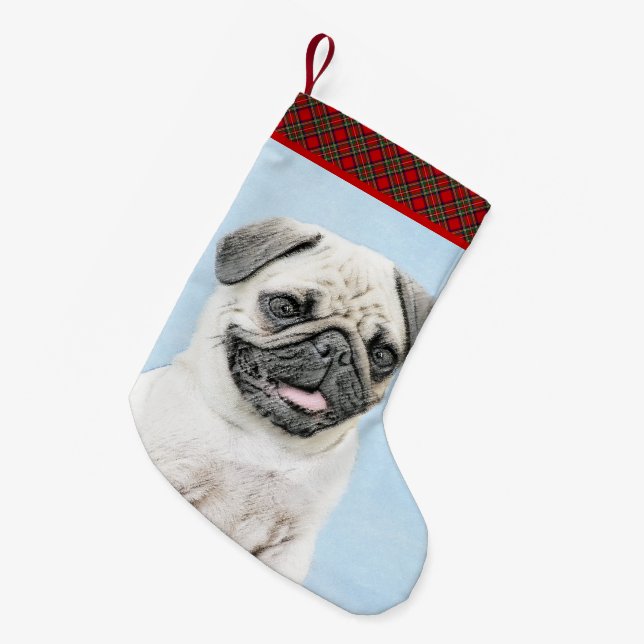 Calcetín Navideño Pequeño Pintura de pug - Arte de perro original lindo (Frente (Colgado))