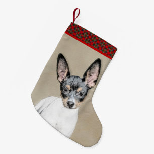 Calcetín Navideño Pequeño Pintura de Rat Terrier - Arte Perro Original.