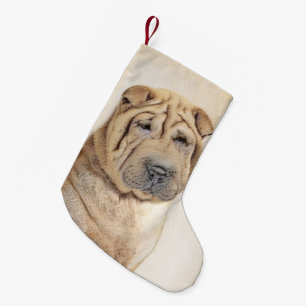 Calcetín Navideño Pequeño Pintura de Shar Pei - Arte Perro Original Cuto