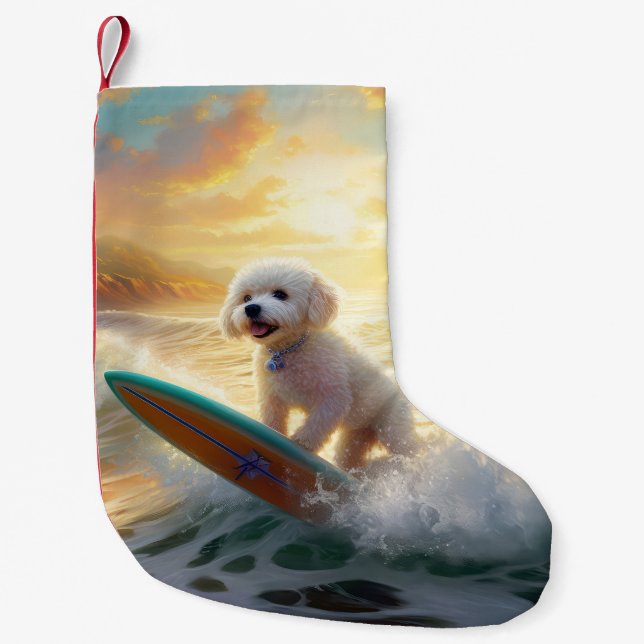 Calcetín Navideño Pequeño Pintura de surf de Bichon Frise Beach (Anverso)