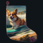 Calcetín Navideño Pequeño Pintura de surf de Corgi Beach<br><div class="desc">Sumérgete en el mundo lúdico de la aventura canina con esta pintura cautivadora. Un perro animado lleva a las olas, subiendo con habilidad al surf en una playa con sol. El vibrante arte captura bellamente la esencia de la emoción en la playa mientras el perro recorre sin miedo las olas,...</div>