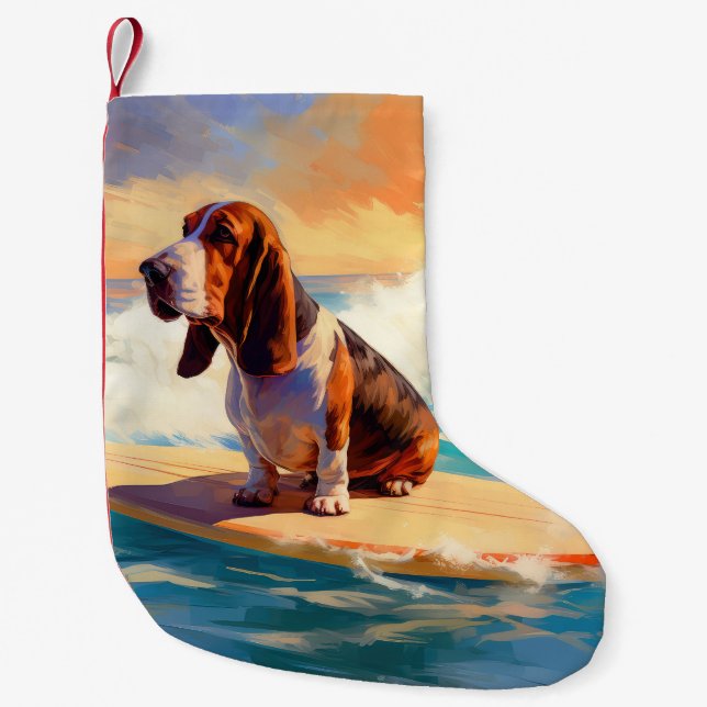 Calcetín Navideño Pequeño Pintura de surf en Basset Hound Beach (Anverso)