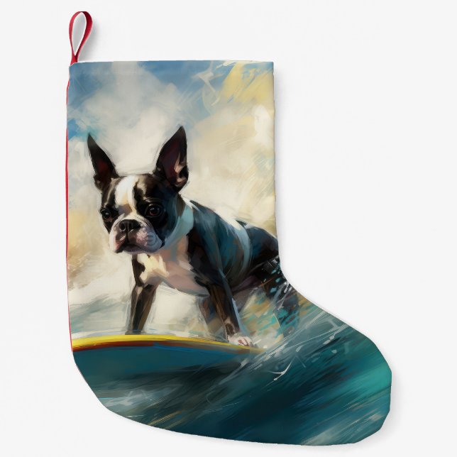Calcetín Navideño Pequeño Pintura de surf en Boston Terrier Beach (Anverso)
