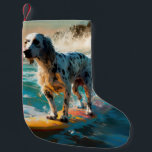 Calcetín Navideño Pequeño Pintura de surf en English Setter Beach<br><div class="desc">Sumérgete en el mundo lúdico de la aventura canina con esta pintura cautivadora. Un perro animado lleva a las olas, subiendo con habilidad al surf en una playa con sol. El vibrante arte captura bellamente la esencia de la emoción en la playa mientras el perro recorre sin miedo las olas,...</div>