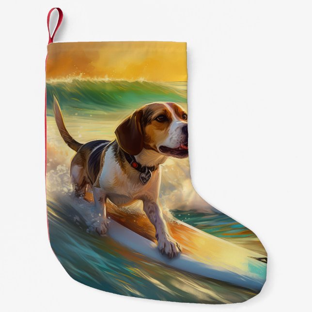 Calcetín Navideño Pequeño Pintura de surf en la playa Beagle (Anverso)