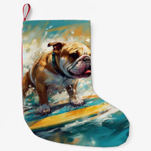 Calcetín Navideño Pequeño Pintura de Surf en la Playa Bulldog