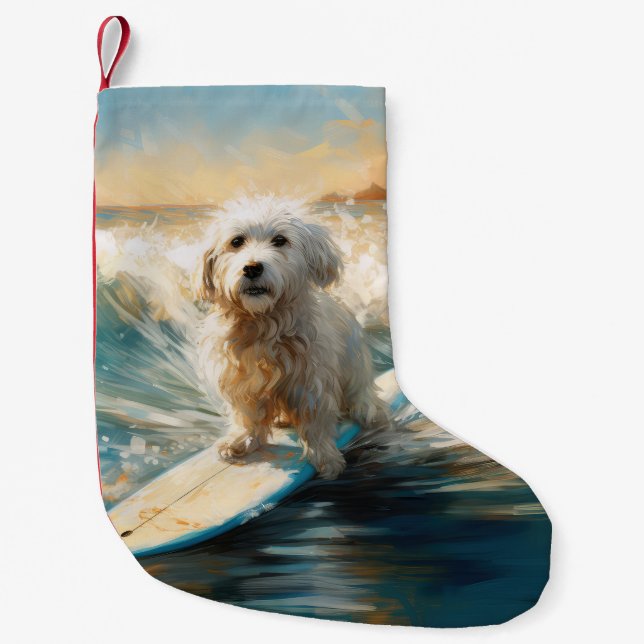 Calcetín Navideño Pequeño Pintura de surf en la playa de Coton De Tulear (Anverso)