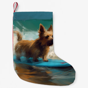 Calcetín Navideño Pequeño Pintura de Surf en la Playa de Terrier Australiano