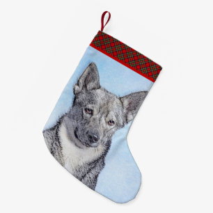 Calcetín Navideño Pequeño Pintura de Vallhund Sueco - Arte Original de Perro