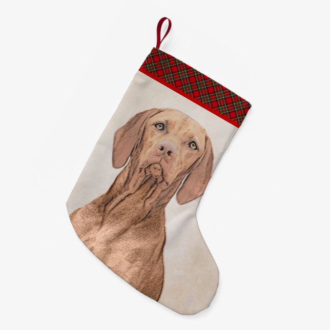 Calcetín Navideño Pequeño Pintura de Vizsla - Arte Perro Original. (Frente (Colgado))