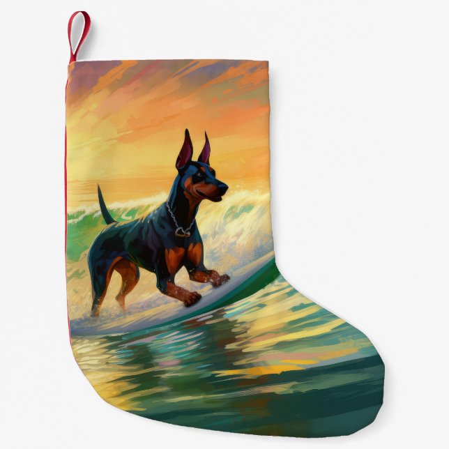 Calcetín Navideño Pequeño Pintura Doberman Beach Surfing (Anverso)