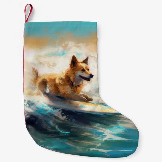 Calcetín Navideño Pequeño Pintura finlandesa de Lapphund Beach Surfing (Anverso)