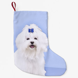 Calcetín Navideño Pequeño Pintura maltesa - Arte de perro original muy lindo