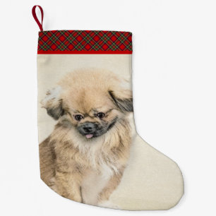 Calcetín Navideño Pequeño Pintura pekingesa - Arte original de perro curado