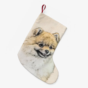 Calcetín Navideño Pequeño Pintura Pomerania (Naranja) - Arte Perro Original