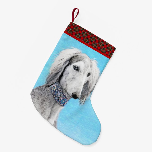 Calcetín Navideño Pequeño Pintura Saluki (plateada) - Arte Perro Original. (Frente (Colgado))