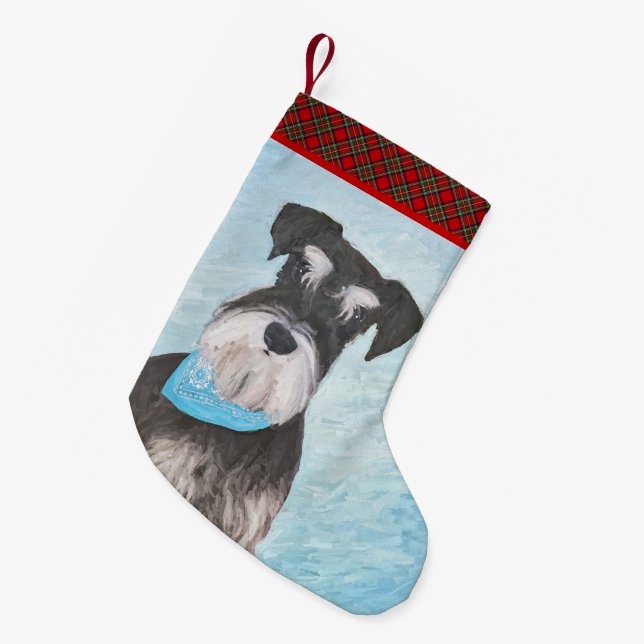 Calcetín Navideño Pequeño Pintura Schnauzer (en miniatura) - Perro original  (Frente (Colgado))