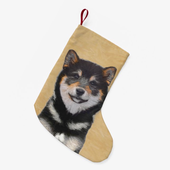 Calcetín Navideño Pequeño Pintura Shiba Inu (Negro y Tan) - Arte de perro (Frente (Colgado))
