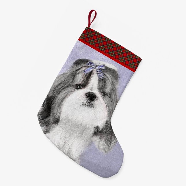 Calcetín Navideño Pequeño Pintura Shih Tzu - Arte Perro Original. (Frente (Colgado))