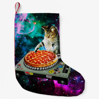 Calcetín Navideño Pequeño Pizza de gato dj espacial