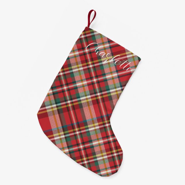 Calcetín Navideño Pequeño Plaid Farmhouse Script Red Check Holiday Personali (Frente (Colgado))