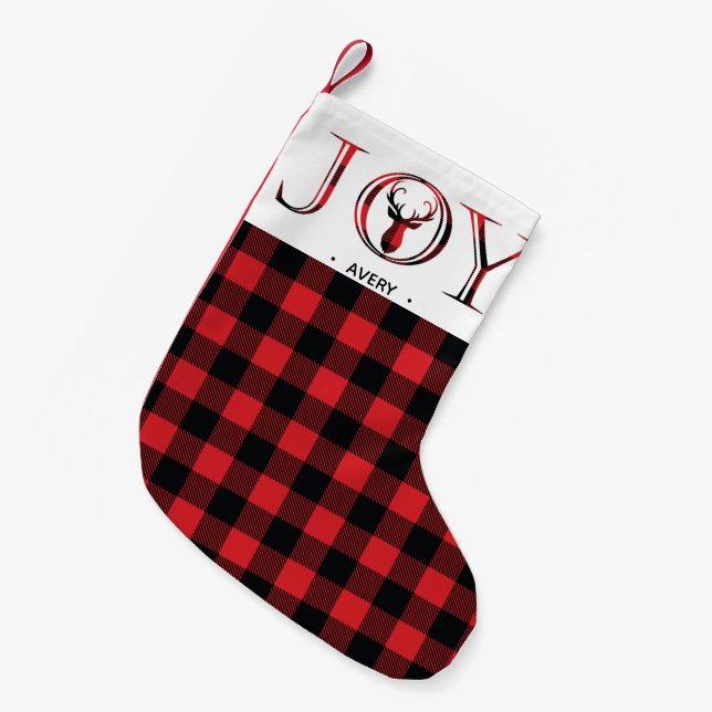 Calcetín Navideño Pequeño Plaid Personalized Joy Navidades (Frente (Colgado))