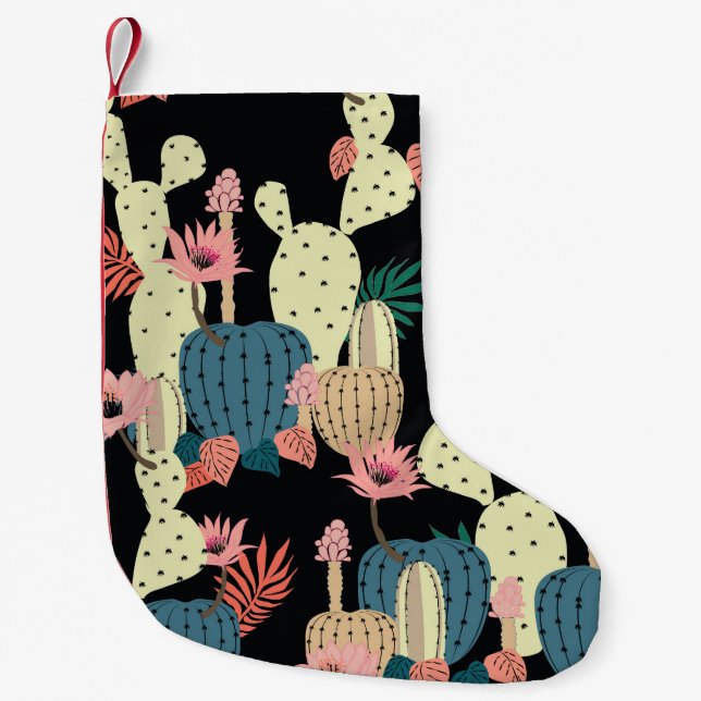 Calcetín Navideño Pequeño Planta Cactus: Patrón Botánico Vintage (Anverso)