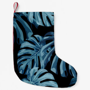 Calcetín Navideño Pequeño Planta de Monstera: patrón de hojas azules.