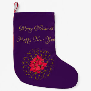 Calcetín Navideño Pequeño Planta de Poinsettia Roja sobre el cielo morado es