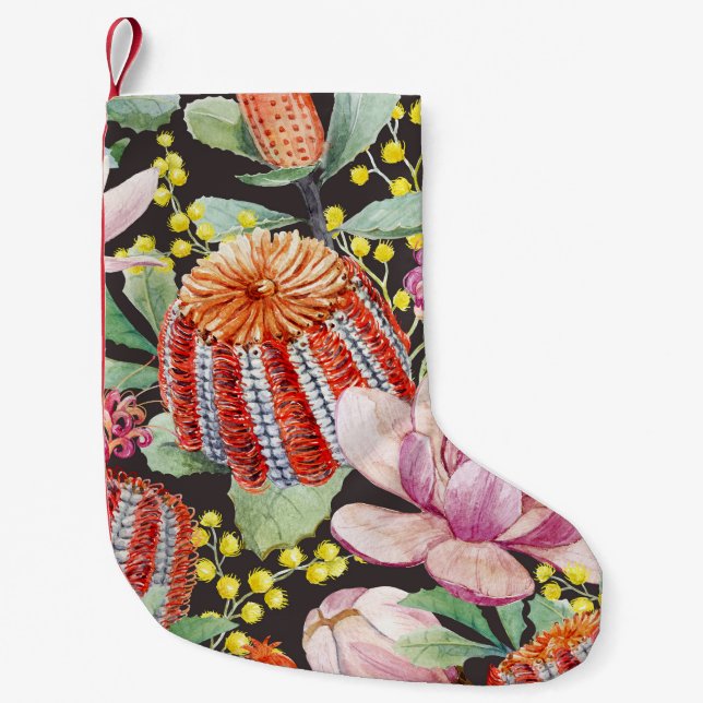 Calcetín Navideño Pequeño Plantas tropicales australianas, patrón de acuarel (Anverso)