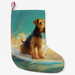 Calcetín Navideño Pequeño Playa Airedale Surfing Pintura