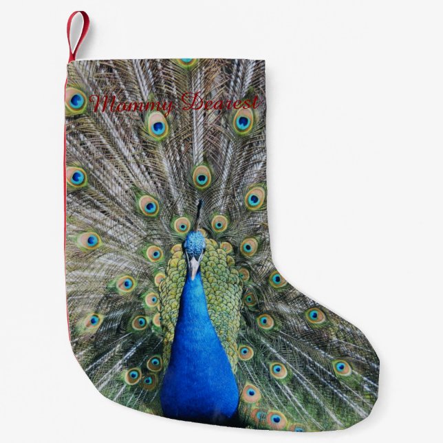Calcetín Navideño Pequeño Plumaje lleno del pavo real azul (Anverso)