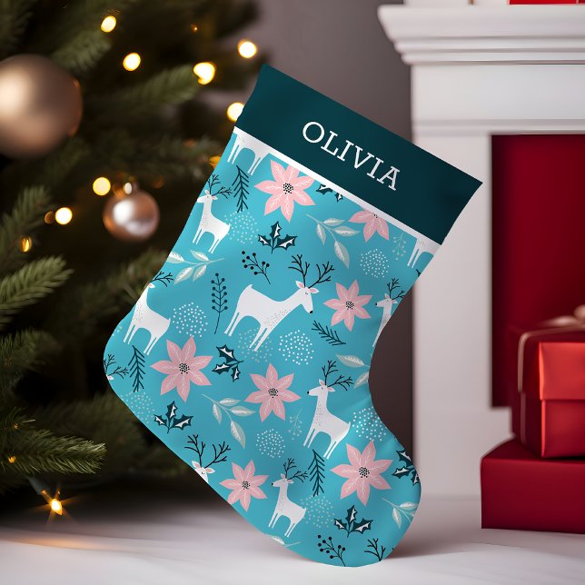 Calcetín Navideño Pequeño Poinsettia floral de reno Personalizada caprichosa (Subido por el creador)