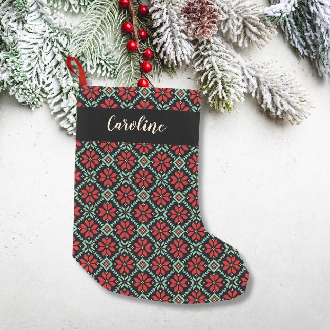 Calcetín Navideño Pequeño Poinsettia floral nórdica Personalizado negro verd (Subido por el creador)