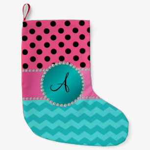 Calcetín Navideño Pequeño Polka rosa negro monogramo con trozos de color tur