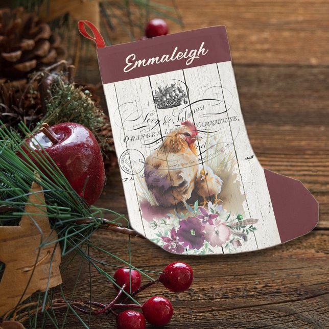 Calcetín Navideño Pequeño Pollo de hierba floral de granja (Subido por el creador)