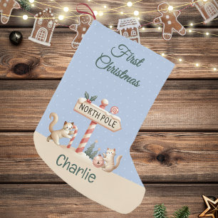 Calcetín Navideño Pequeño Polo Norte Invierno Gatitos Primer Navidad