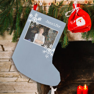 Calcetín Navideño Pequeño Polvo Azul Rústico Copo de Nieve Foto Personalizad