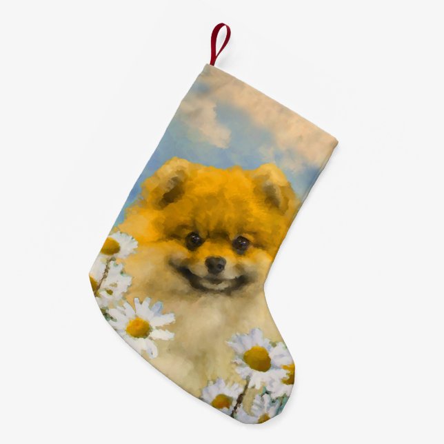 Calcetín Navideño Pequeño Pomerania en pintura de Daisies - Arte de perro or (Frente (Colgado))