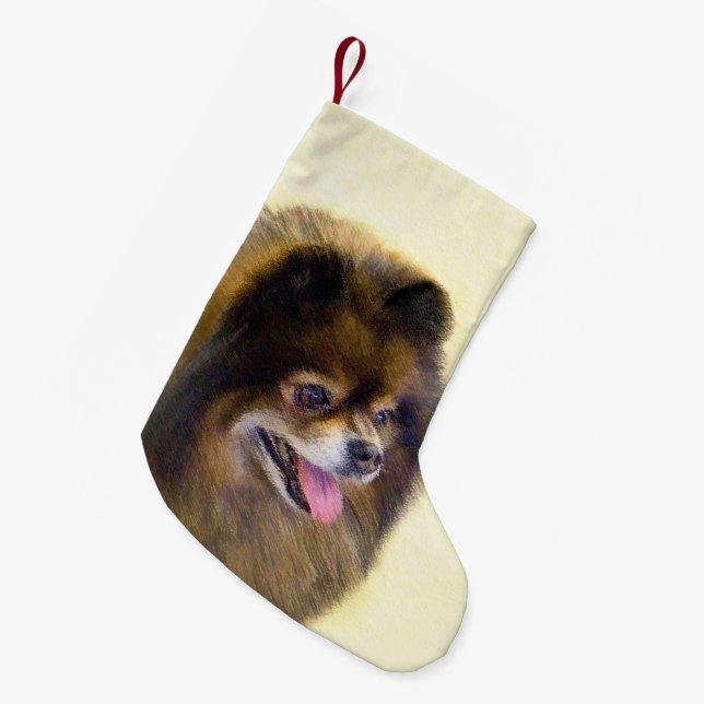 Calcetín Navideño Pequeño Pomerania Negra y Tan Pintura Original de Perro (Frente (Colgado))