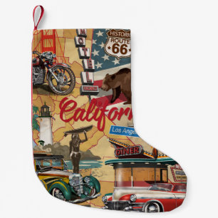 Calcetín Navideño Pequeño Poster de California de época con atracciones turí