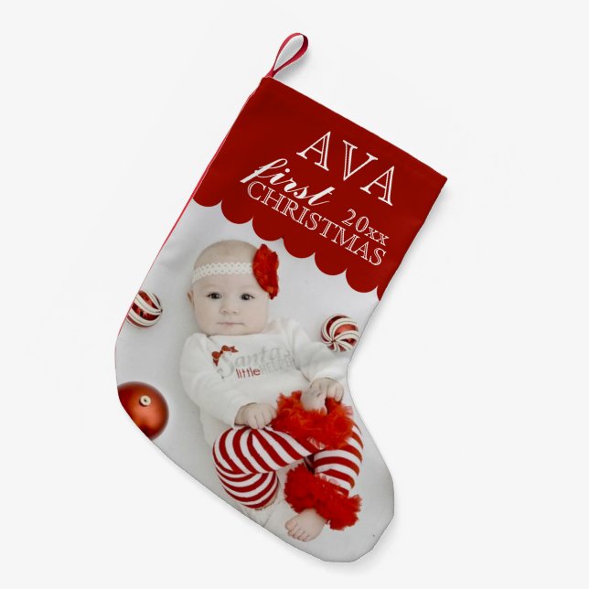 Calcetín Navideño Pequeño Primer FOTO navideño del bebé (Frente (Colgado))