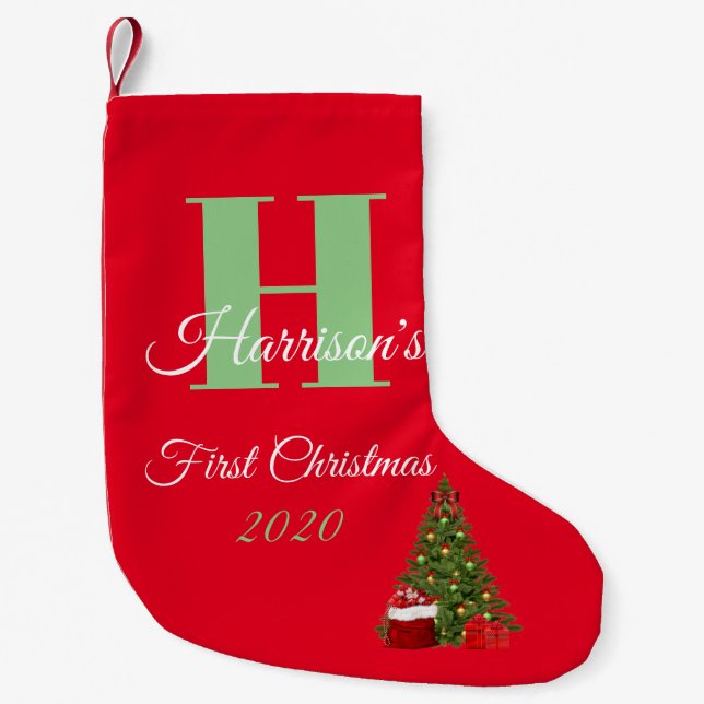 Calcetín Navideño Pequeño Primer monograma inicial personalizado de Navidad (Anverso)