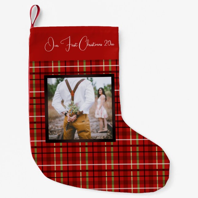 Calcetín Navideño Pequeño Primera foto de Navidad, (Anverso)