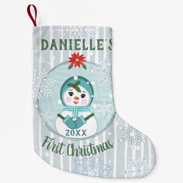 Calcetín Navideño Pequeño Primera Personalizado de Navidad Niña Niña Snowman (Anverso)